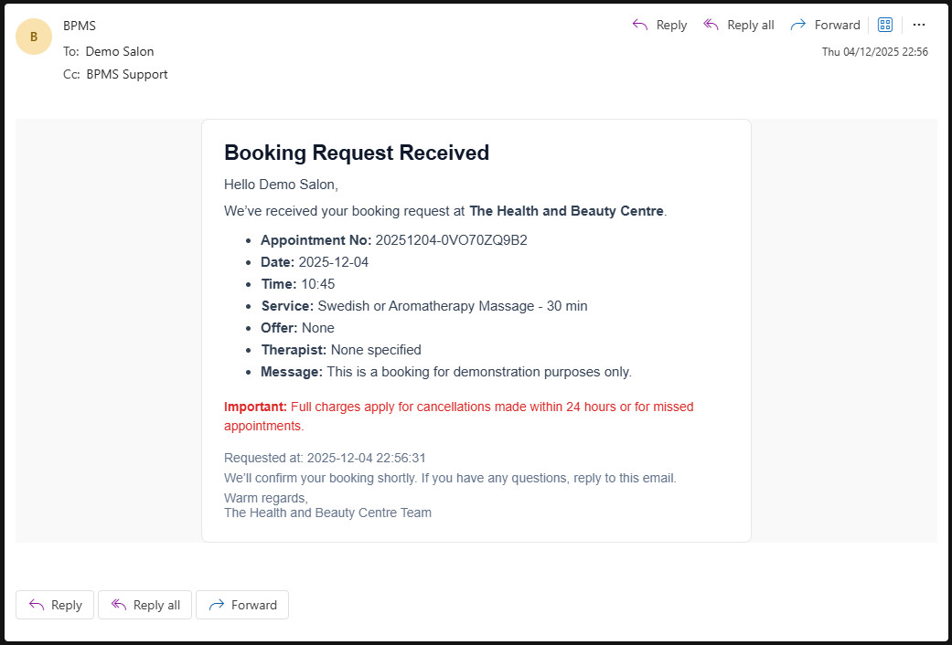 Booking acknowledgement email