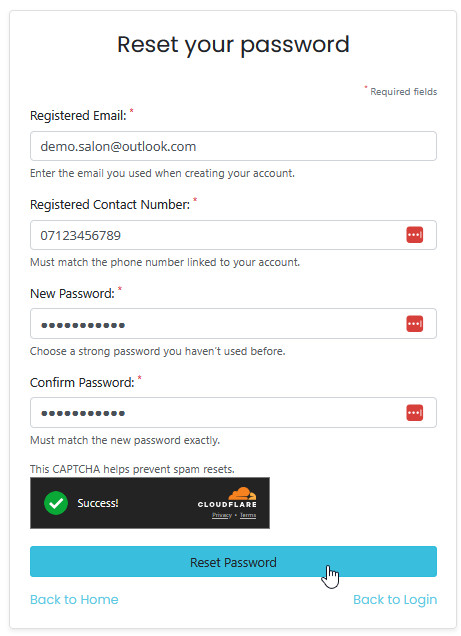 Enter email, mobile, and new password