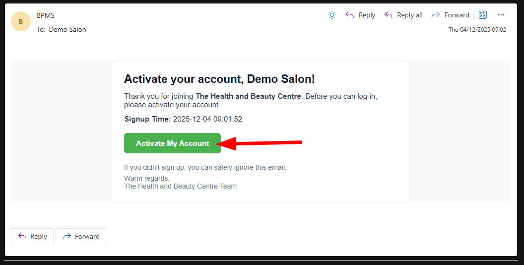 Activation email screenshot